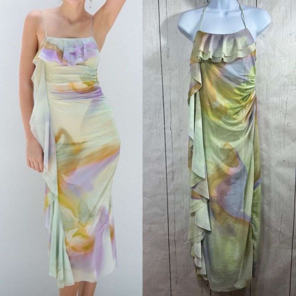 HYFVE Pastel Tie Dye Midi Dress Ruffle Halter Ruched Fairycore Cottagecore